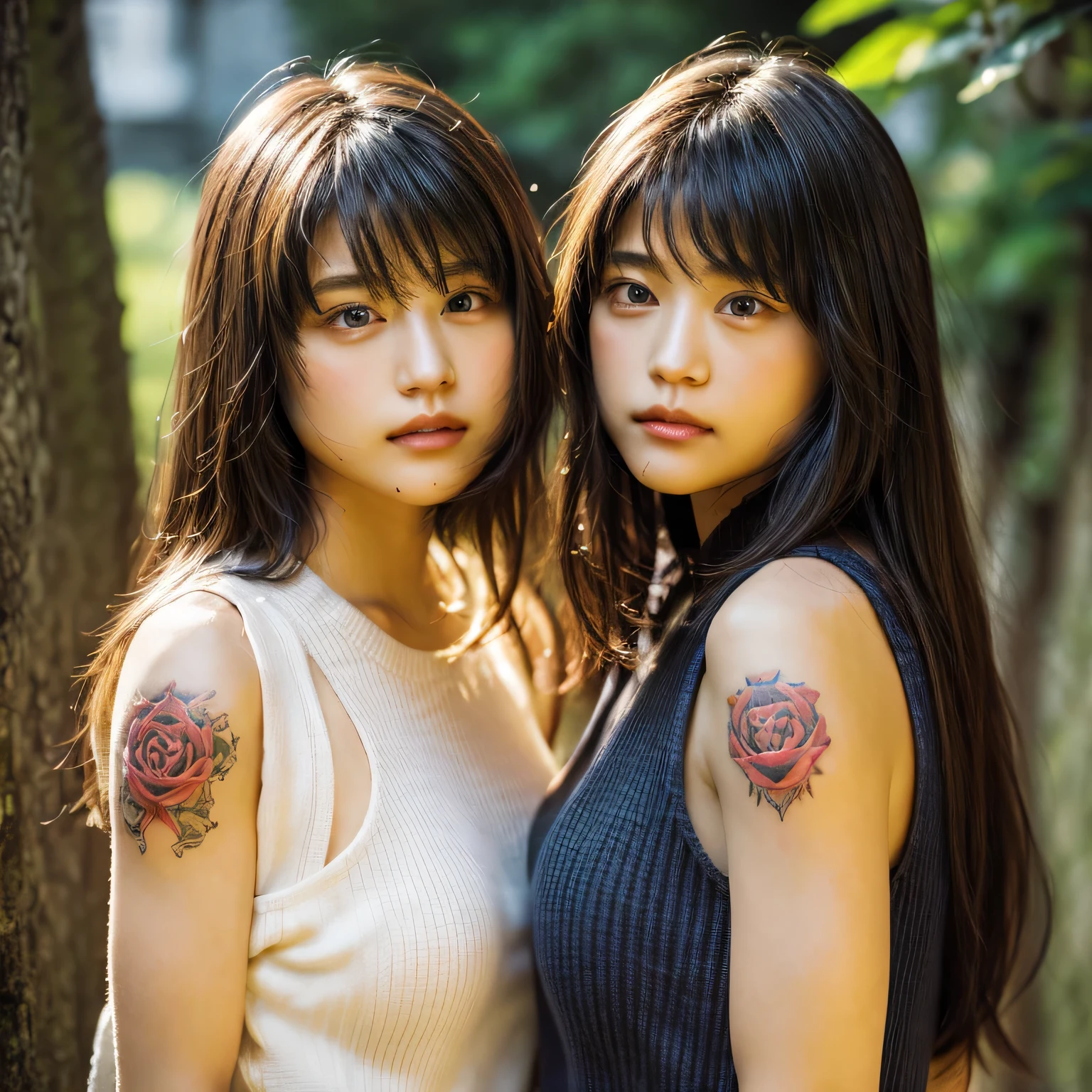 identical twin sisters、realistic、realistic skin texture、automatic rifle、tattoo