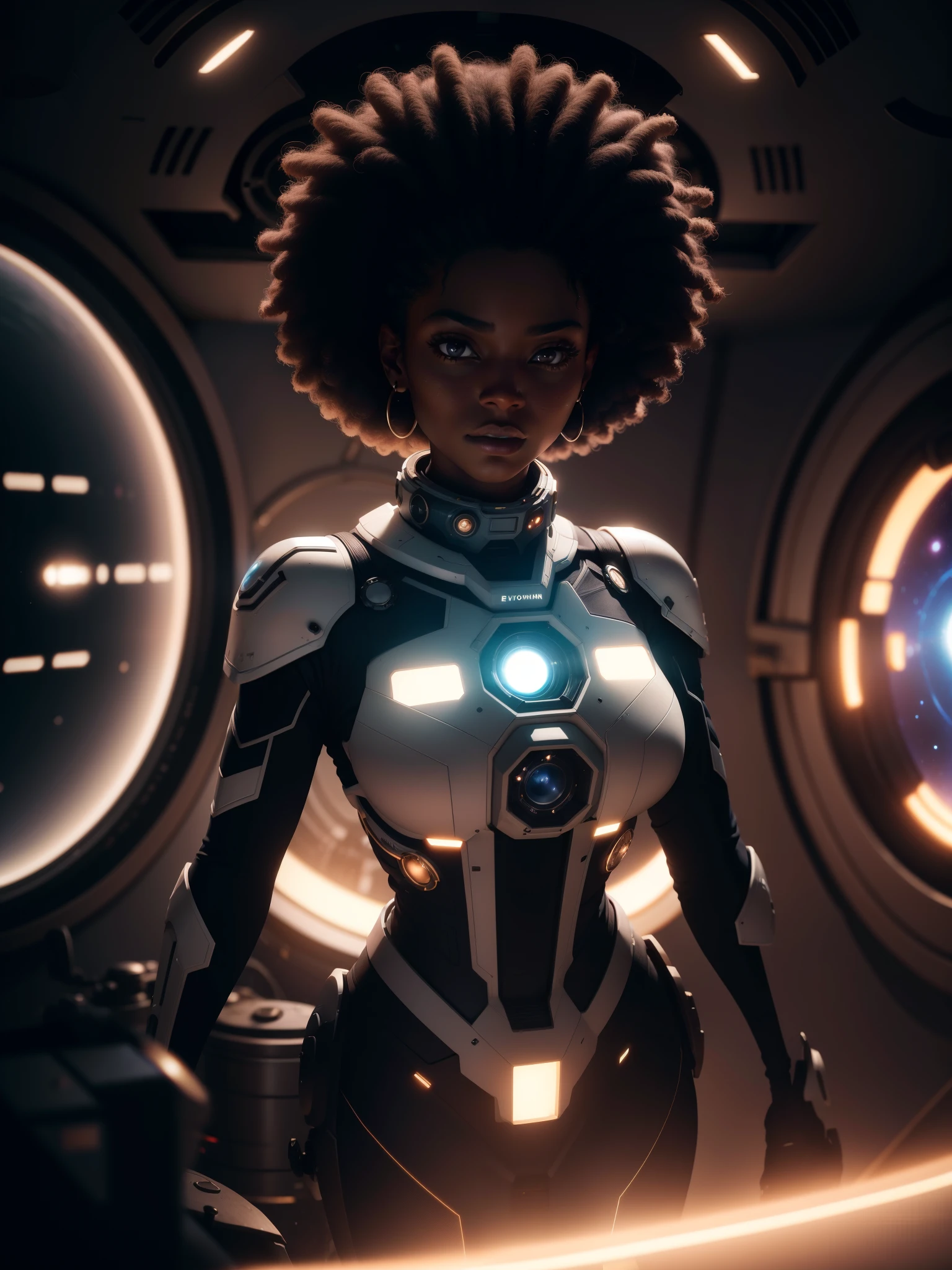 afro-descendant, Elysia Rotaru as a scientist working on Haunted Space Ship photography, black skin, natural light, photorealism, cinematic rendering, ray tracing, the highest quality, the highest detail, Cinematic, Third-Person View, Blur Effect, Long Exposure, 8K, Ultra-HD, Natural Lighting, Moody Lighting, Cinematic Lighting
