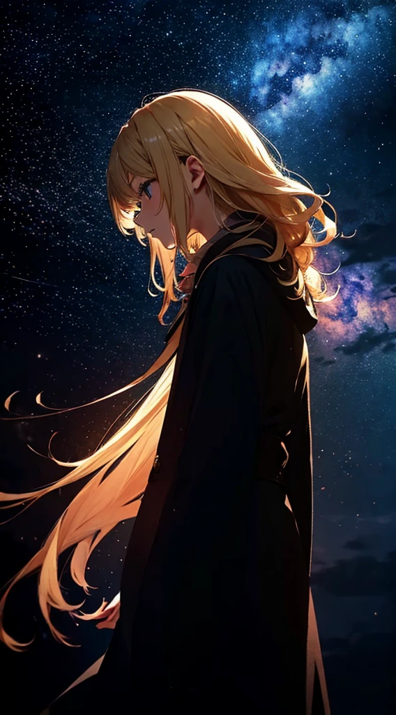 1people々,blonde long hair,long coat,silhouette, Rear view,space sky, milky way, anime style, Rose,rose,night,辺り一面に舞うroseの花びら,山腹から見た街のnight景,