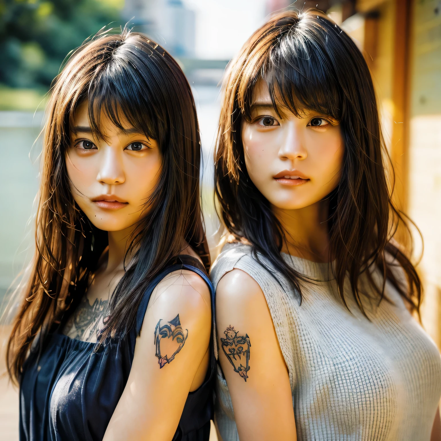identical twin sisters、realistic、realistic skin texture、automatic rifle、tattoo