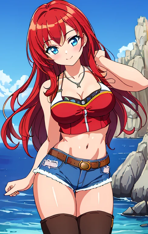 ((solo:1.6)), masterpiece, ((ultra detailed background, delicate pattern, intricate detail)), (highly detailed, fine details, rich colors), best quality, beautiful lighting, 1girl, young woman at 22, red hair, long hair, blue eyes, smile,((medium breasts, perfect model physique)), ((V-neck crop top ,denim shorts, necklace)), (Deep Cleavage), (complex detailed background, barren land, rocks, ocean, outside, nature environment), (cowboy shot),