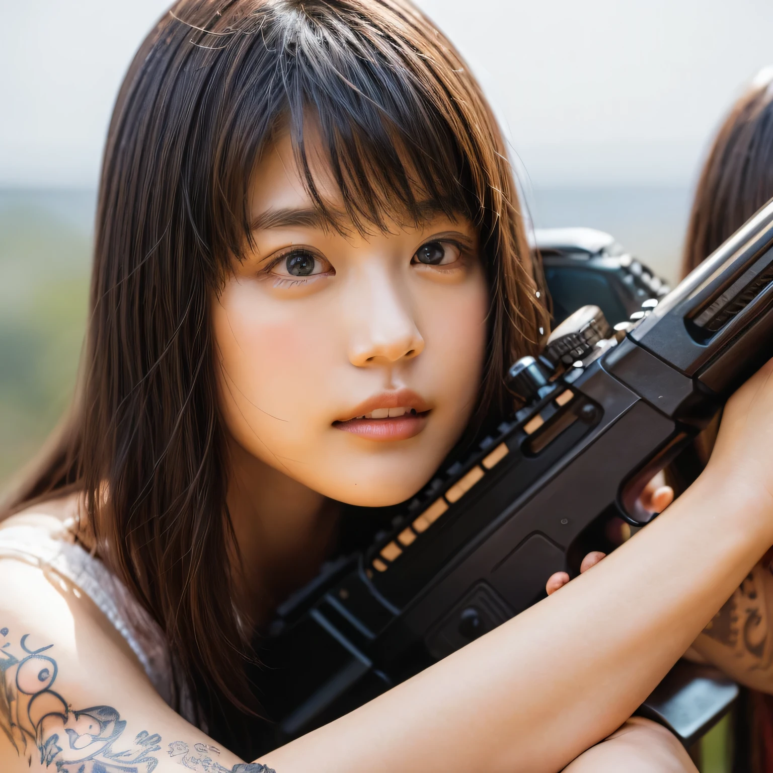 identical twin sisters、realistic、realistic skin texture、automatic rifle、tattoo