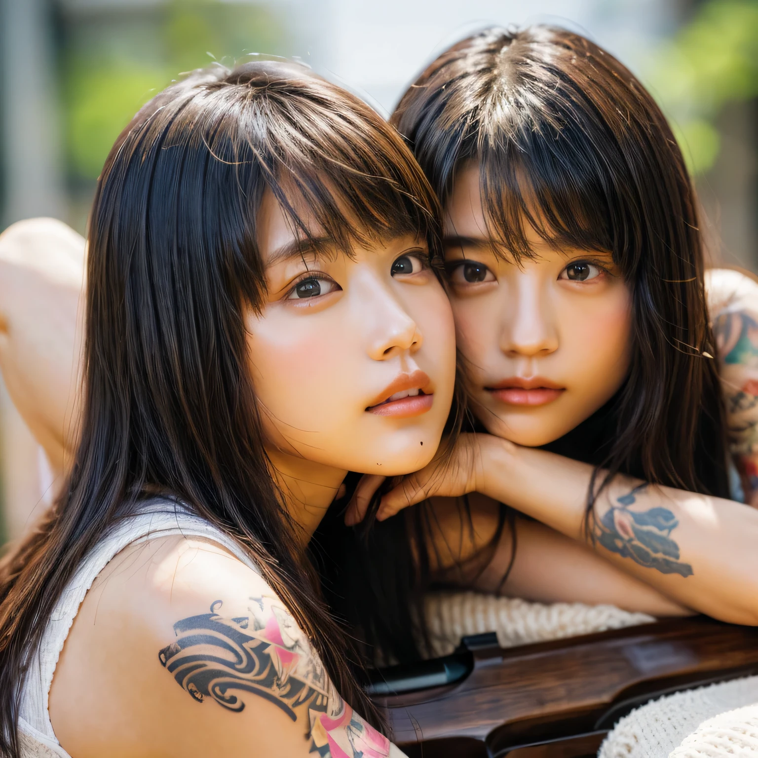 identical twin sisters、realistic、realistic skin texture、automatic rifle、tattoo