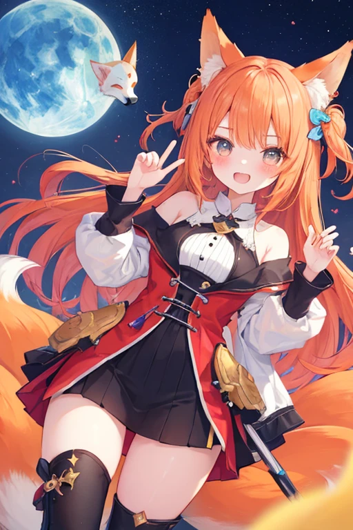 beautiful illustrations, highest quality, pretty girl,beautiful girl、clear face、 half girl、pastel colour 、blush、thighs、perfect hands、five fingers、fantasy、fantasy、fox ears、fox tail、orange hair、tooth