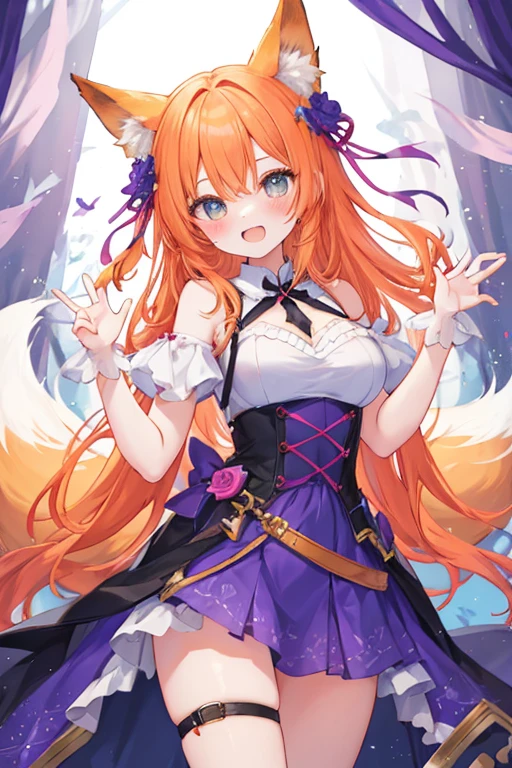 beautiful illustrations, highest quality, pretty girl,beautiful girl、clear face、 half girl、pastel colour 、blush、thighs、perfect hands、five fingers、fantasy、fantasy、fox ears、fox tail、orange hair、tooth