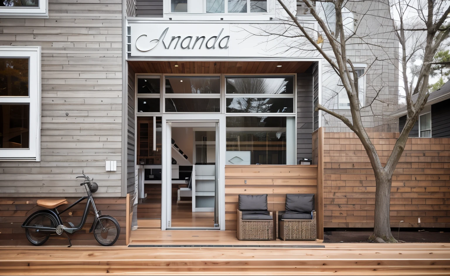 house exterior contemporary style, modernism, glass doors and windows,black metal rail, conwood ceilling, masterpiece, highquality, realistic photo, canon eos 5D mark, natural light, 