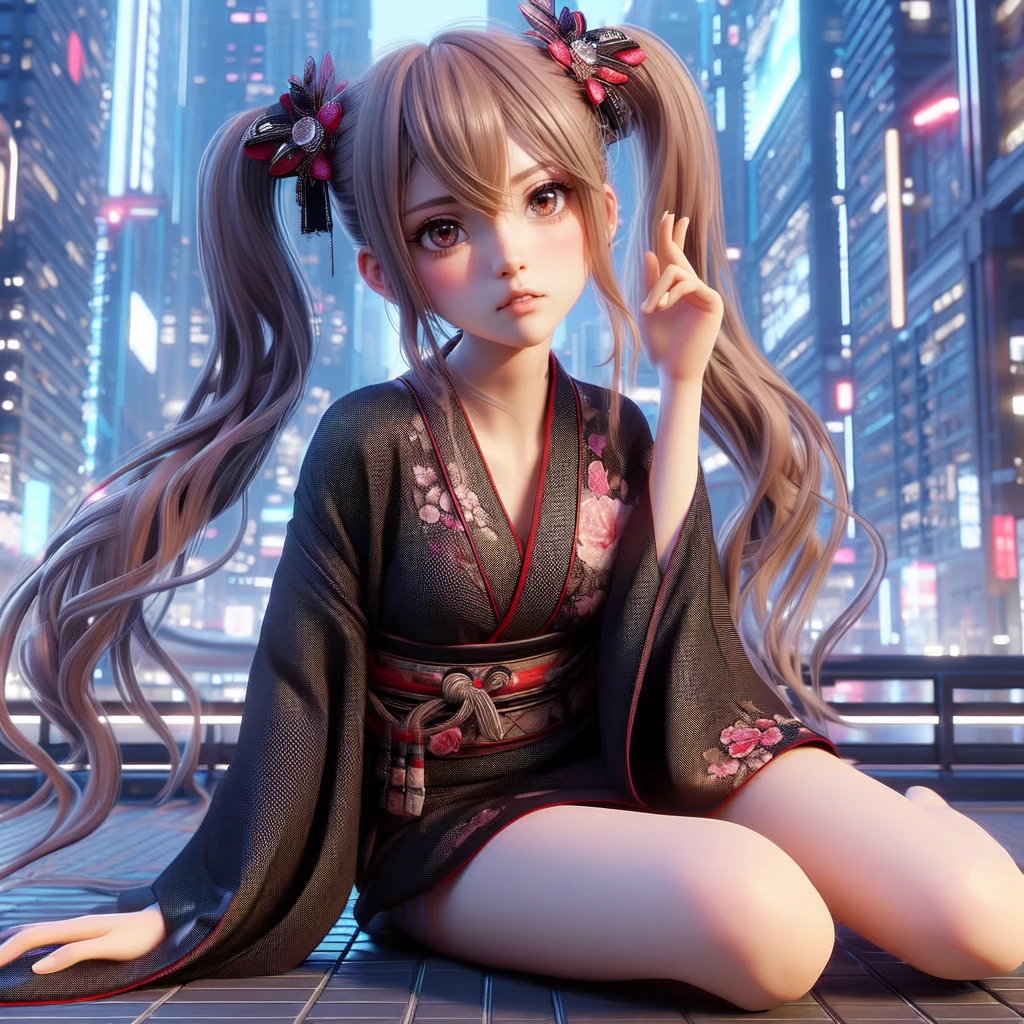 with the cityscape as the backdrop、Anime girl sitting on the ground in the city, 3d anime girl, render of a cute 3d anime girl, anime styled 3d, anime style. 8K, Realistic anime 3d style, realistic 3d animation, trending on cgstation, anime style 4 k, Photorealistic anime girl rendering, seductive anime girl