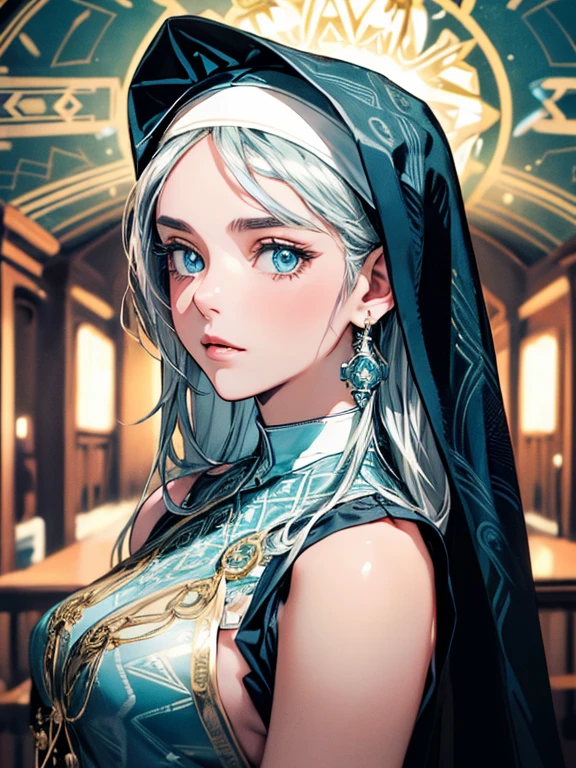 (best quality,8K,high resolution,masterpiece:1.2),Super detailed,Futurism,Surrealism,Beautiful and delicate lake green eyes,Beautiful and delicate lips,extremely detailed face,super long hair,1 girl,Beautiful girl with aqua hair,Wearing a sci-fi dark blue nun costume,Platinum nun&#39;s headscarf(gold ornaments),(golden silver pattern),(Glowing pink pattern),(Glowing light blue pattern)(complex pattern:1.4),Lovely,attractive,portrait,delicate eyes,ancient tranquil church,(Luminous clothing design),(glowing floating decoration),Luminous earrings,Reflective pupil,see-through clothing design,
