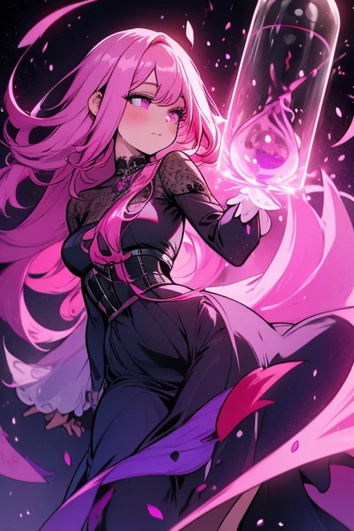 A pink haired woman with violet eyes with an hourglass figure wearing a violet lace dress is blushing in a flurry of peony petal