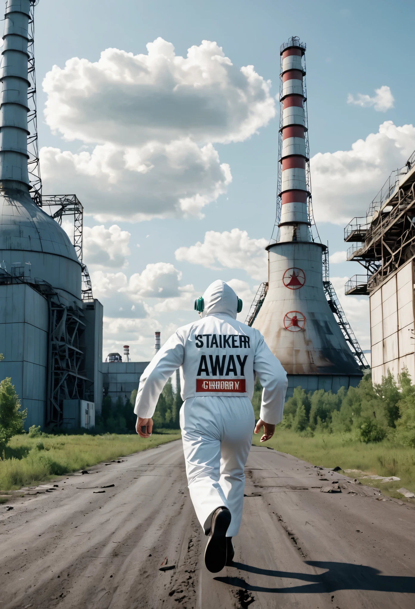 chernobyl text, title text, centered top text, 1986, disney pixar style, white suited scientist running away from reactor, stalker, postapo, movie poster, 3d render