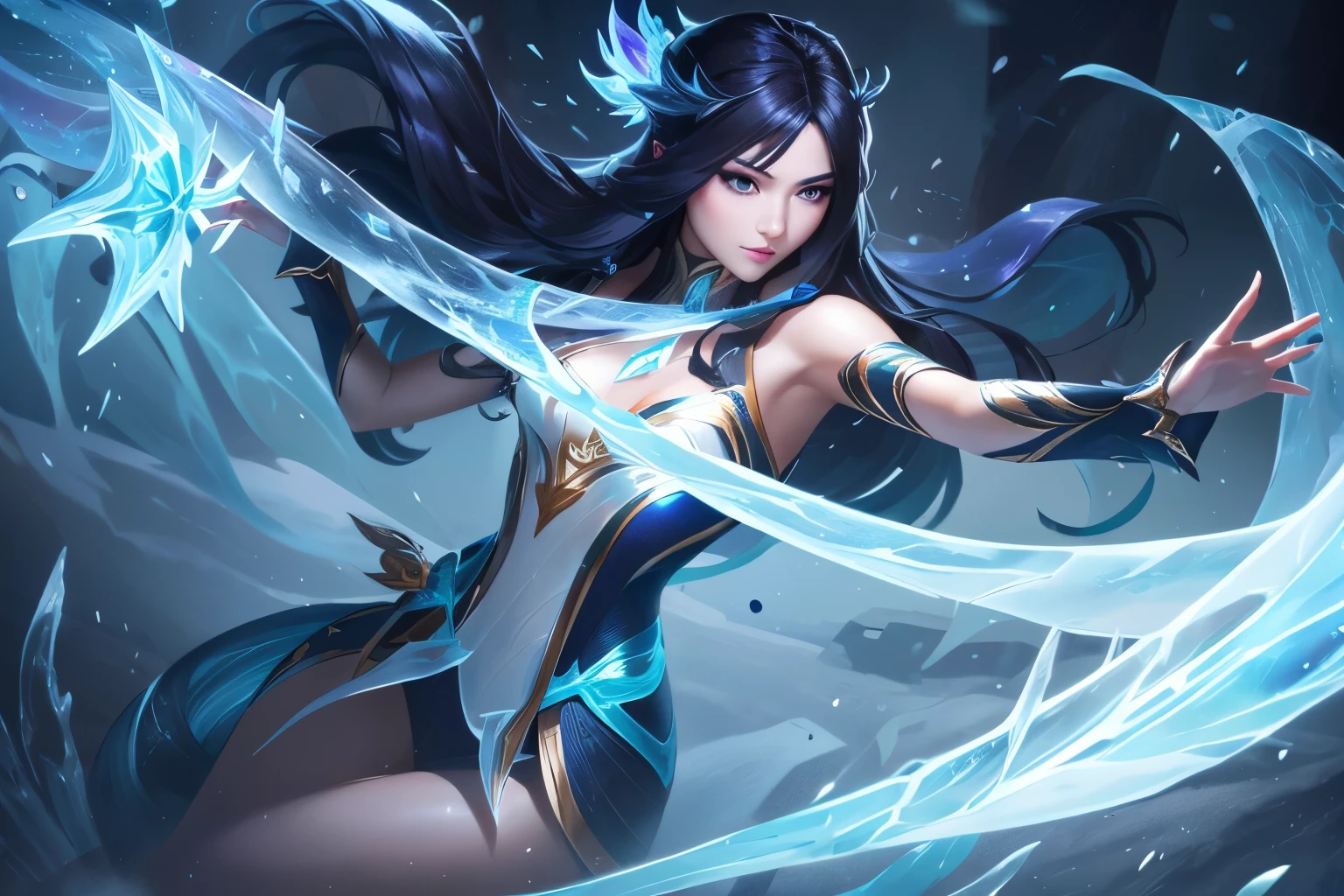 1 person, long black hair, Wand , ภูเขาice, (เวทมนตร์ice:1.2), mermaid, harmony, League of Legends สแปลชอาร์ต, woman,Hazel eyes,shipwreck,ice,front view,snow storm,ลำธารice,white coat,Tie your hair,iceกระจาย,มงกุฎice,fight,flower,electricity