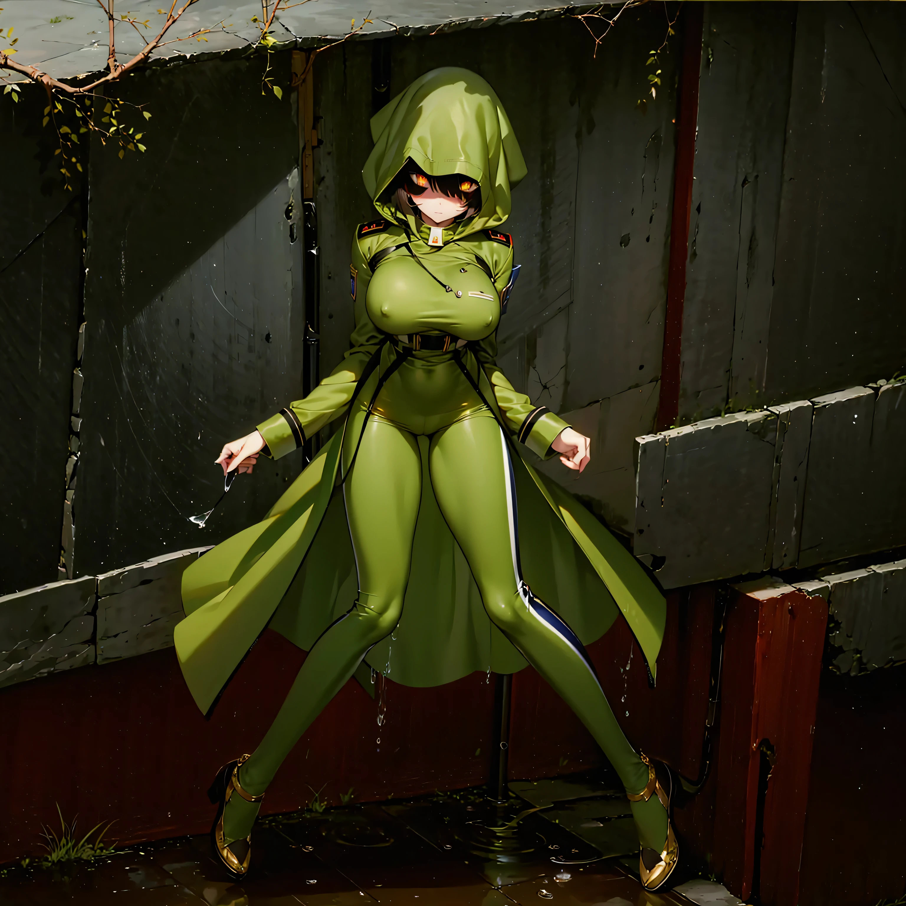 (solo cute girl standing in trench:1.3), (light brown hair:1.2) , (very long legs), (skinny long legs), (very short torso), BREAK, (open legs:1.2), tiptoe, pigeon toed, BREAK, (bursting large breasts:1.2), perky breasts, thin waist, BREAK, (dark brown military uniform:1.4), (hood covers face), trousers, BREAK, nose blush, looking at viewer, BREAK, (glowing golden eyes:1.5), BREAK, (wire entanglement fence in background), BREAK, (masterpiece, best quality, ultra-detailed:1.5), (nsfw:0.7)