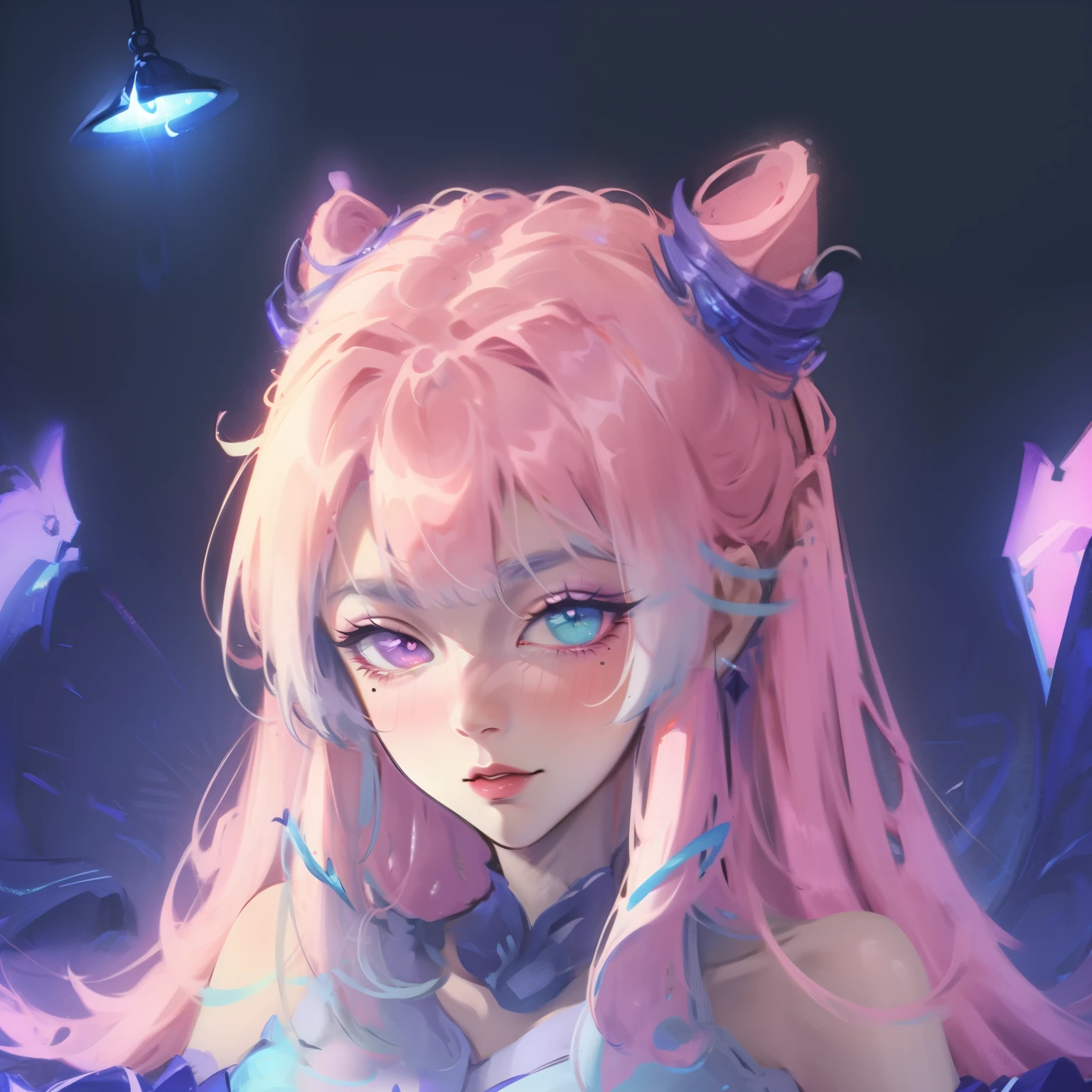 white hair, mole under the eye, Scleral mismatch, heterochromia, blush, Shy, lol, bell, Ray tracing, divine light, backlight, glowing light, anime style  