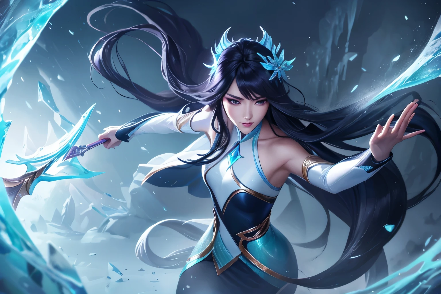 1 person, long black hair, Wand , ภูเขาice, (เวทมนตร์ice:1.2), mermaid, harmony, League of Legends สแปลชอาร์ต, woman,Hazel eyes,shipwreck,ice,front view,snow storm,ลำธารice,white coat,Tie your hair,iceกระจาย,มงกุฎice,fight,flower,electricity