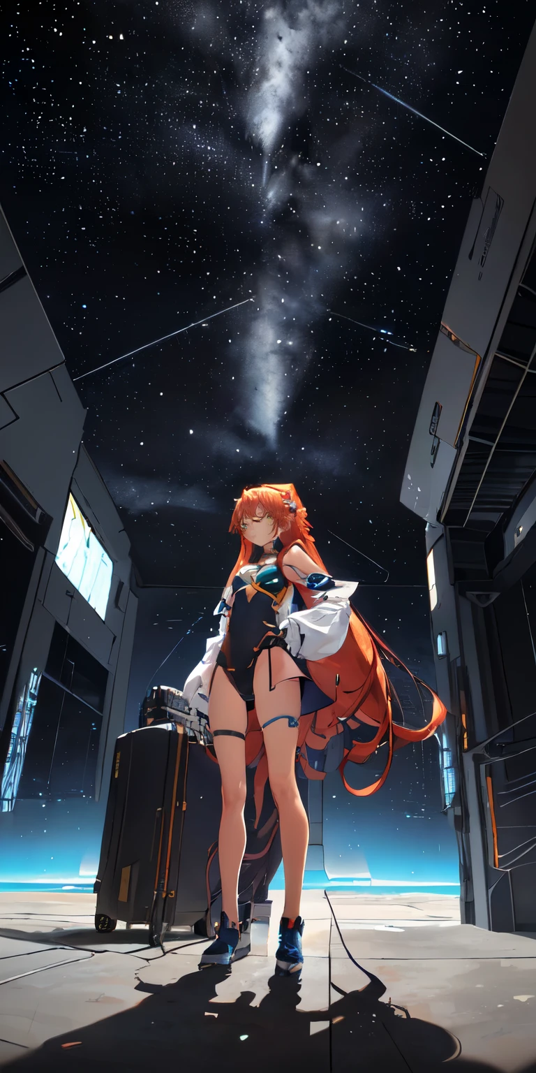 (aerial view),dynamic angle,ultra-detalhado, illustration, fechar-se, sempre em frente, 1 garota, 
 ((Souryu Asuka Langley, fone de ouvido de interface, body vermelho:1.4, loiro)),Her eyes shone like sonhadores stars,(olhos brilhantes:1.233),(Olhos lindos e detalhados:1.1),(inexpressivo,boca fechada),(standing), 
(mechanical room with tools and spaceship window on a white SPACESHIP),
(noite:1.2),sonhadores, [[Delicate fingers and hands:0.55]::0.85],(detalhe dedos),
