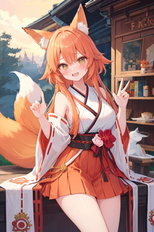 beautiful illustrations, highest quality, pretty girl,beautiful girl、clear face、 half girl、pastel colour 、blush、thighs、perfect hands、five fingers、fantasy、fantasy、fox ears、fox tail、orange hair、tooth、Miko costume、shrine