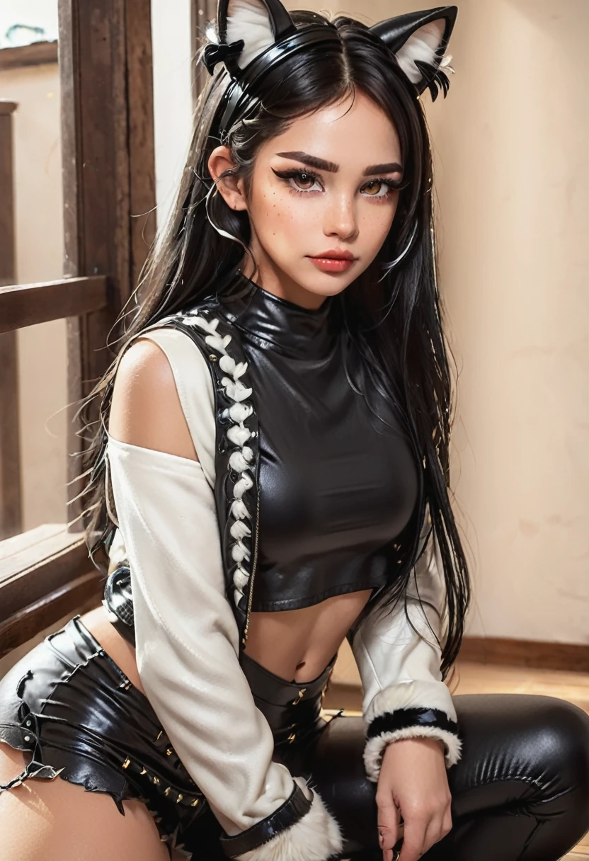 beautiful young warrior with cat ears on her head, com rosto bem detalhado e bonito, belos olhos, belos olhos, rosto lindo, mulher jovem e bonita vestindo leggings pretas compridas com detalhes pretos, mini saia curta, usando jaqueta de couro preta, Parado em um castelo, usando bota preta, cabelo comprido com franja preto, ,orelhas de gato, belo sorriso, moleca, um pouco musculosa,suter branco com cinta em volta, olhar serio,usando jaqueta de couro preto, com ombreiras de prata nos ombros, jaqueta de couro