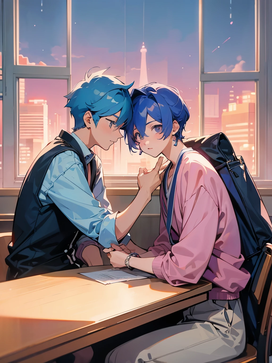 cartoon of two boys sitting at a table with a book and a backpack, ddlc, in the art style of 8 0 s anime, 9 0 s anime style, 90s anime style, in anime style, in an anime style, anime aesthetic, anime vibes, 9 0 s anime aesthetic, 9 0 s anime art style, lofi boy, typical anime classroom, beautiful background window, two cute boys, beautiful faces, two boys, don't extra hands, NO extra hands, generate two boys with NO extra hands, NO extra arm
