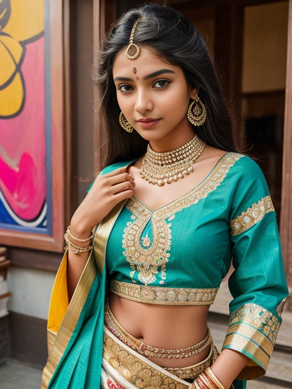 Craft a hyper realistic and vivid description of an exceptionally attractive Gen Z Indian girl who skillfully fuses traditional elements with contemporary style.big ,Capture her fashion-forward choices, vibrant personality, and the unique charm she brings to embody the intersection of age-old traditions and the spirited trends of today's generation. Explore how her cultural roots and modern flair seamlessly coalesce, painting a picture of timeless allure and youthful exuberance