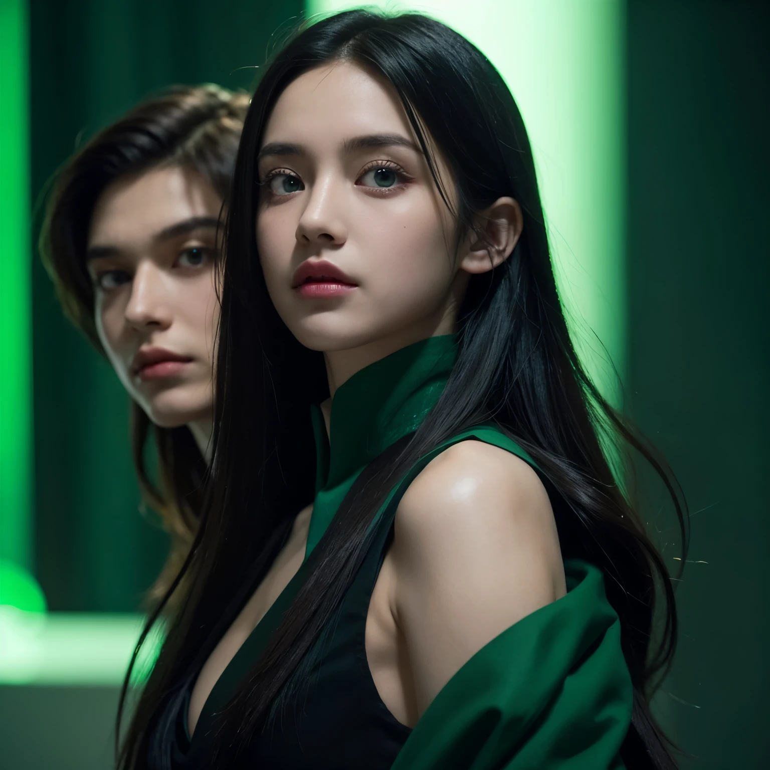 Make a fanfic cover with green lights in the background with two people a girl with long dark hair with green eyes and Draco Malfoy behind her. Make them look deeply 