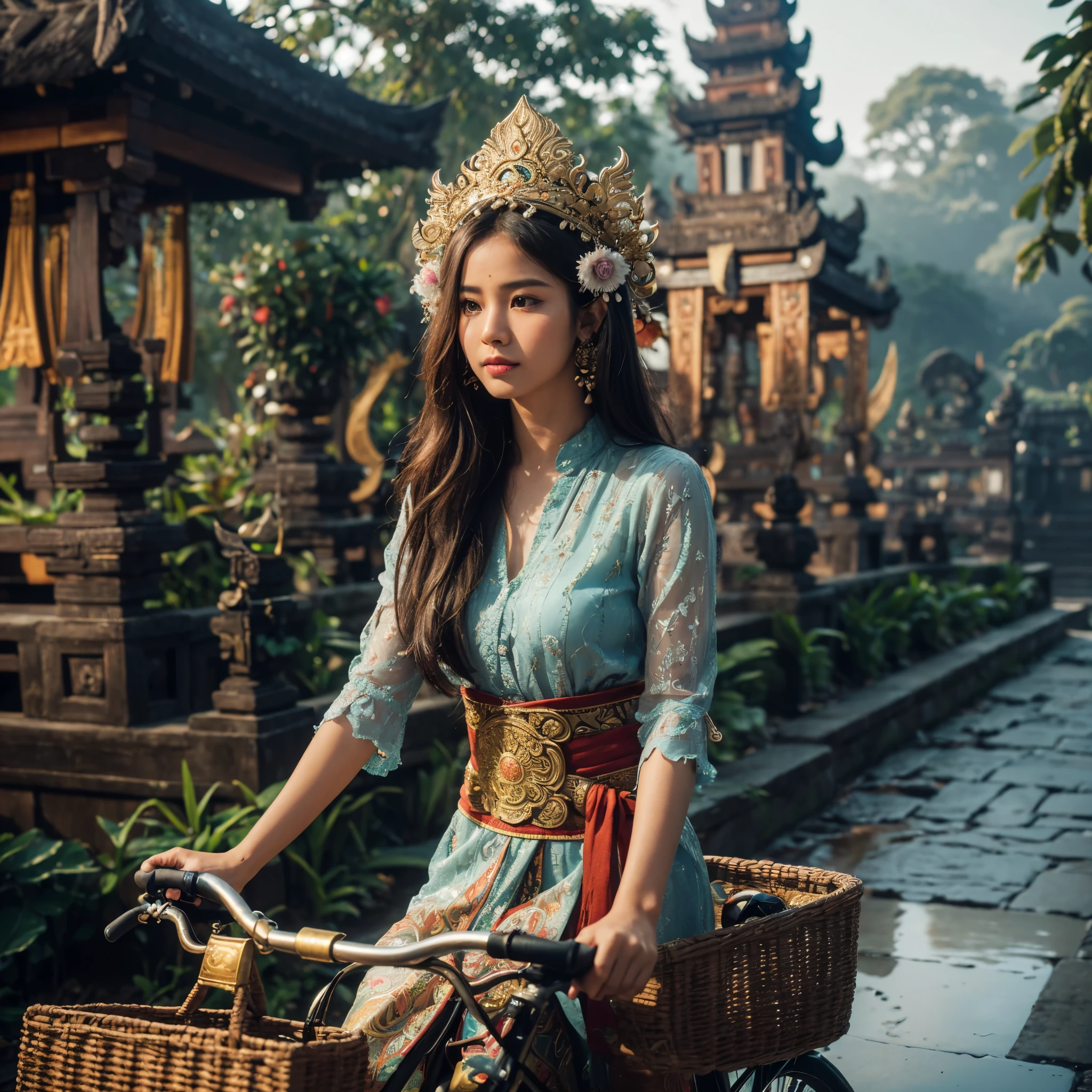 8k Uhd, Dslr,Film Grain, Fujifilm XT3,(Best Quality:1.3), (Masterpiece:1.1), ((face detail)) High Resolution, Cinematic Light, Intricate Details, (Photorealistic) create a realistic photography of sacred magical exotic scenery of bali temple on the morning breeze, there are local balinese beautiful girl ((detail pretty exotic indonesian malay face)) wearing local traditional cloths ride an old bicycle