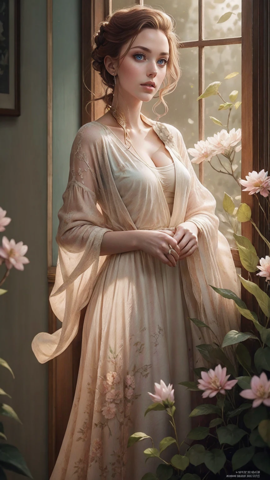 scarlett johansson、A botanical masterpiece in the style of Marco Mazzoni, be familiar with, surreal, Front view, Elements of symbolism and surrealism, mseによる絵画 アニエス・セシルによる魅力的で魅惑的なscarlett johansson, luminous design, pastel colours, Ink drips, spring lights, intricate design, Watching the viewer intertwined, 美しく魅力的で魅惑的なscarlett johansson, flowers, pastel, Watching the viewer, Front view