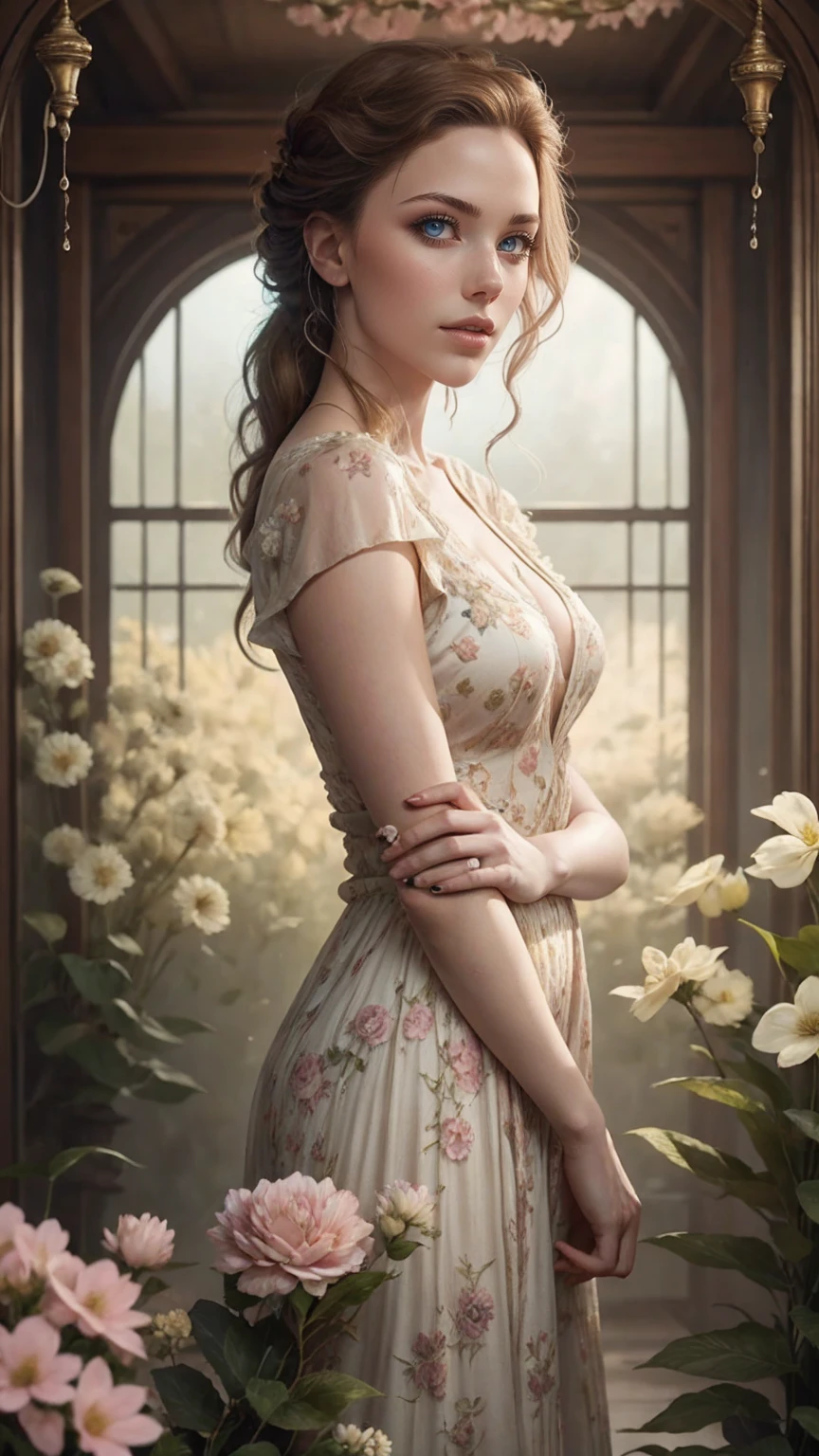 scarlett johansson、A botanical masterpiece in the style of Marco Mazzoni, be familiar with, surreal, Front view, Elements of symbolism and surrealism, mseによる絵画 アニエス・セシルによる魅力的で魅惑的なscarlett johansson, luminous design, pastel colours, Ink drips, spring lights, intricate design, Watching the viewer intertwined, 美しく魅力的で魅惑的なscarlett johansson, flowers, pastel, Watching the viewer, Front view