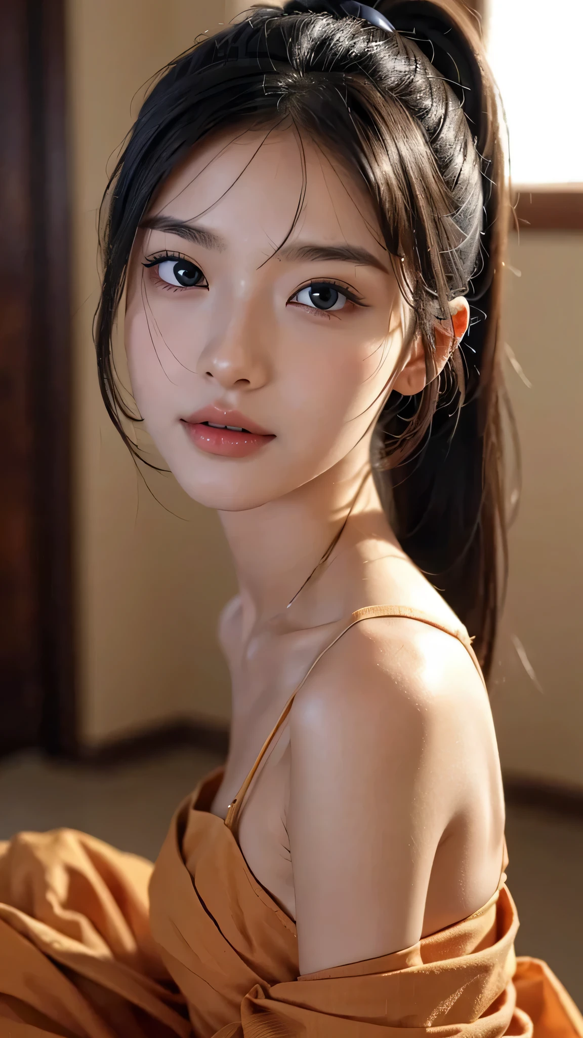 One woman,fully body photo,masutepiece, The highest image quality, High quality, the background is clear，Beautiful woman, Japanese, Detailed, Detailed eyes, Detailed skin, Beautiful skin, 超hight resolution, (reality: 1.4),Very beautiful woman, Slightly younger face, Beautiful skin, slender, (Ultra photo realsisim), (hight resolution), (8K), (Very detailed) (beautifully detailed eyes), (super detailed),   (Detailed face), view the viewer, Fine details, Detailed face, Staring straight ahead, Staring straight ahead, photos realistic, Bright lighting, Professional Lighting, Black hair,poneyTail,a ,sixteen ye is ponytail,long ponytail hairstyle,slight smile,Orange colored long dress with lots of ruffles, softly shaped skirt,Spotlight on stage,close-up of face, 