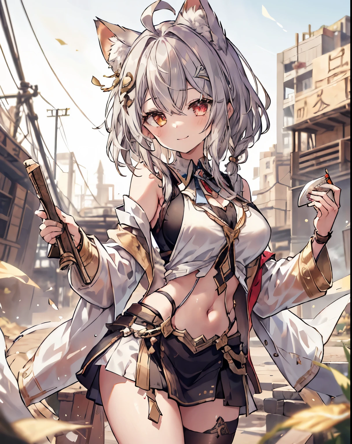 masterpiece, 1girl, sparrow, a silver haired girl, wearing a egyptian clothes, curly medium hair, messy hair, slim body, he close her left eye, shirt ornament, golden eyes in right, red eyes in left, sho show her back, ahoge, white vest, baby face, big breast, beautiful breasts, rounded breasts, braid hair, long sleeves, beautiful eyes, white stocking, droopy eyes, her age is 19 years old, smile, egyptian clothes, cat ears, heterochromia