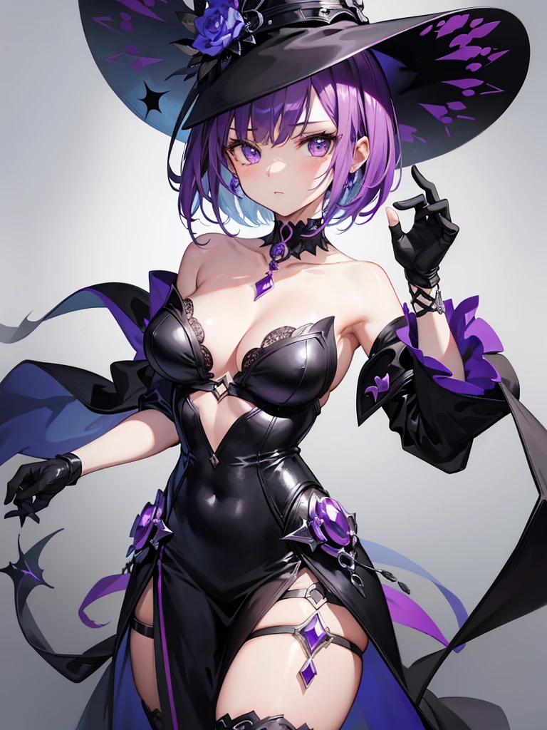 an animated character with a youthful and feminine appearance. She has short, bob-cut hair with varying shades of purple and subtle highlights, suggesting a silky texture. Her bangs are neatly trimmed above her eyebrows, framing her face. She possesses large, expressive eyes that are a striking pink color, with detailed reflections suggesting depth and luminosity. She's wearing a black witch's hat adorned with a purple band and a matching purple, gem-like ornament on the front. The character’s attire includes a black choker with a similar purple gem and a dark, strap-accented outfit that has hints of a magical or fantasy theme. She has one finger raised to her lips in a thoughtful or mischievous gesture, giving her a playful or enigmatic expression. The gloves she's wearing are also black, adding to the coordinated color scheme of her costume. The character exudes a blend of charm and mystique, which is accentuated by the design and accessories that suggest she might be a witch or a magical being from a fantasy narrative. The overall aesthetic is polished and detailed, with a color palette that focuses on purples and blacks to convey a sense of magic and allure.
