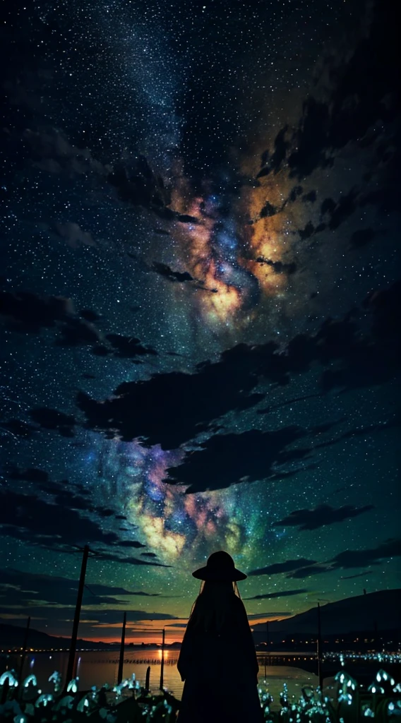 1people々,blonde long hair,long coat,silhouette, Rear view,space sky, milky way, anime style, lily of the valley,night view,辺り一面に舞うlily of the valleyの花びら,山腹から見た街のnight view,