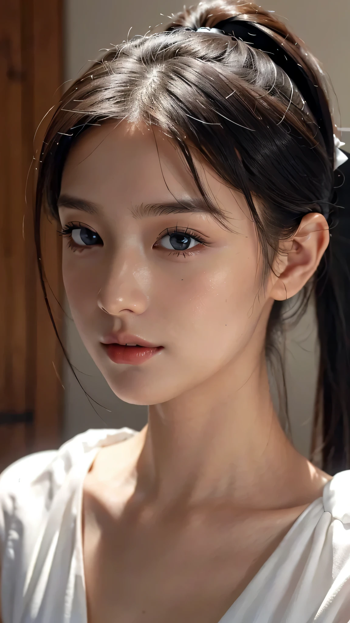One woman,fully body photo,masutepiece, The highest image quality, High quality, the background is clear,Beautiful woman, Japanese, Detailed, Detailed eyes, Detailed skin, Beautiful skin, 超hight resolution, (reality: 1.4),Very beautiful woman, Slightly younger face, Beautiful skin, slender, (Ultra photo realsisim), (hight resolution), (8K), (Very detailed) (beautifully detailed eyes), (super detailed), (Detailed face), view the viewer, Fine details, Detailed face, Staring straight ahead, Staring straight ahead, photos realistic, Bright lighting, Professional Lighting, Black hair,poneyTail,a ,sixteen ye is ponytail,long ponytail hairstyle,slight smile,Orange colored long dress with lots of ruffles, softly shaped skirt,Spotlight on stage,close-up of face,