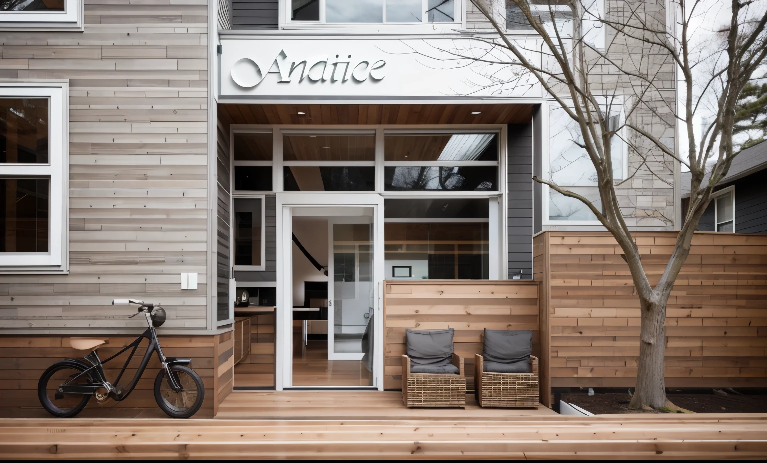 house exterior contemporary style, modernism, glass doors and windows,black metal rail, conwood ceilling, masterpiece, highquality, realistic photo, canon eos 5D mark, natural light,