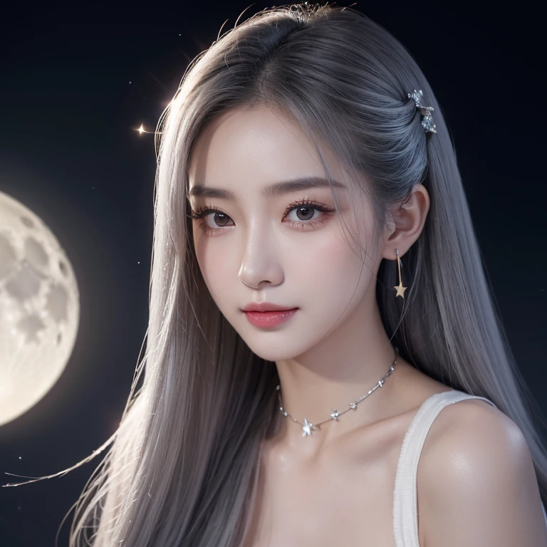 Works of masters,ultra high resolution,8K resolution,depth of fields,It's a perfect face,girl,the only person,ssmile,Long gray hair,Hair color,bangle,ear studs,choker necklace,Hanfu,face to the viewer,moon full,temple,new year,Contour light,Colorful stars