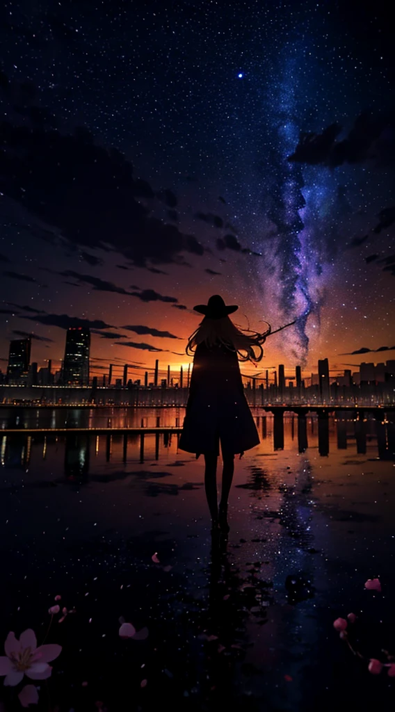 １people々,blonde long hair，long coat，silhouette， Rear view，space sky, milky way, anime style, cherry blossoms，夜cherry blossoms，辺り一面に舞うcherry blossoms吹雪，Night view of the city from the mountainside，
