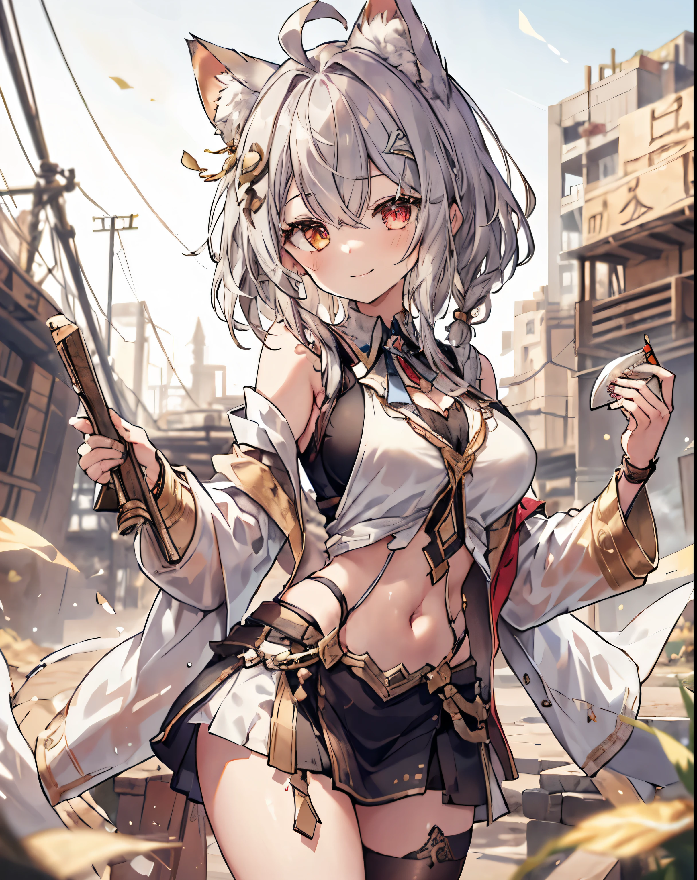 masterpiece, 1girl, sparrow, a silver haired girl, wearing a egyptian clothes, curly medium hair, messy hair, slim body, he close her left eye, shirt ornament, golden eyes in right, red eyes in left, sho show her back, ahoge, white vest, baby face, big breast, beautiful breasts, rounded breasts, braid hair, long sleeves, beautiful eyes, white stocking, droopy eyes, her age is 19 years old, smile, egyptian clothes, cat ears, heterochromia