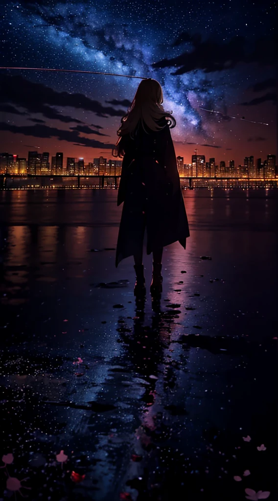 1people々,blonde long hair,long coat,silhouette, Rear view,space sky, milky way, anime style, cherry blossoms,夜cherry blossoms,辺り一面に舞うcherry blossoms吹雪,Night view of the city from the mountainside,