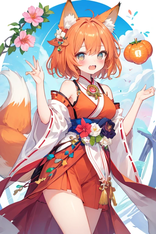 beautiful illustrations, highest quality, pretty girl,beautiful girl、clear face、 half girl、pastel colour 、blush、thighs、perfect hands、five fingers、fantasy、fantasy、fox ears、fox tail、orange hair、tooth、Miko costume