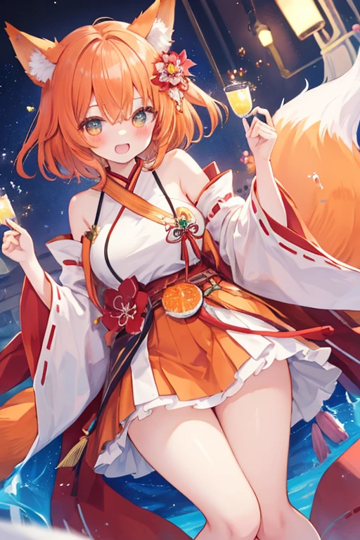beautiful illustrations, highest quality, pretty girl,beautiful girl、clear face、 half girl、pastel colour 、blush、thighs、perfect hands、five fingers、fantasy、fantasy、fox ears、fox tail、orange hair、tooth、Miko costume