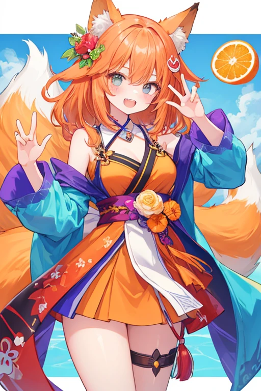 beautiful illustrations, highest quality, pretty girl,beautiful girl、clear face、 half girl、pastel colour 、blush、thighs、perfect hands、five fingers、fantasy、fantasy、fox ears、fox tail、orange hair、tooth、Miko costume