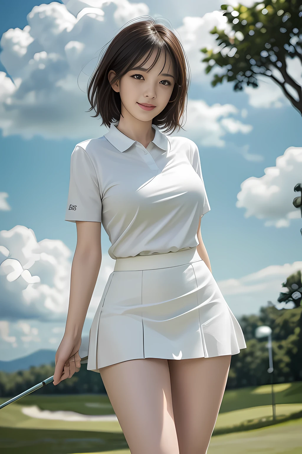 、Smile full of happiness、((nearly naked:1.3))、nearly naked、、lawn、Sweating、is standing、(((clong legs、thighs thighs thighs thighs)))、Sun visor、Medium Hair、cleavage of the breast、1girll,Golf Player,face perfect,crisp breasts, Convex buttocks,Pastel Colour Sport Short Sleeve,(((short tight white skirt))),White sport socks,White shoes,a wet body,Swing a golf club,Golf Course,Sunnyday,Clouds, Detailed background, Clothing Details, Perfectly proportioned, film grains, Fuji colors, lightand shade contrast, tmasterpiece, high detal, high quarity, hight resolution, Cinematic lighting, 8K, Textured skin, Super Detail