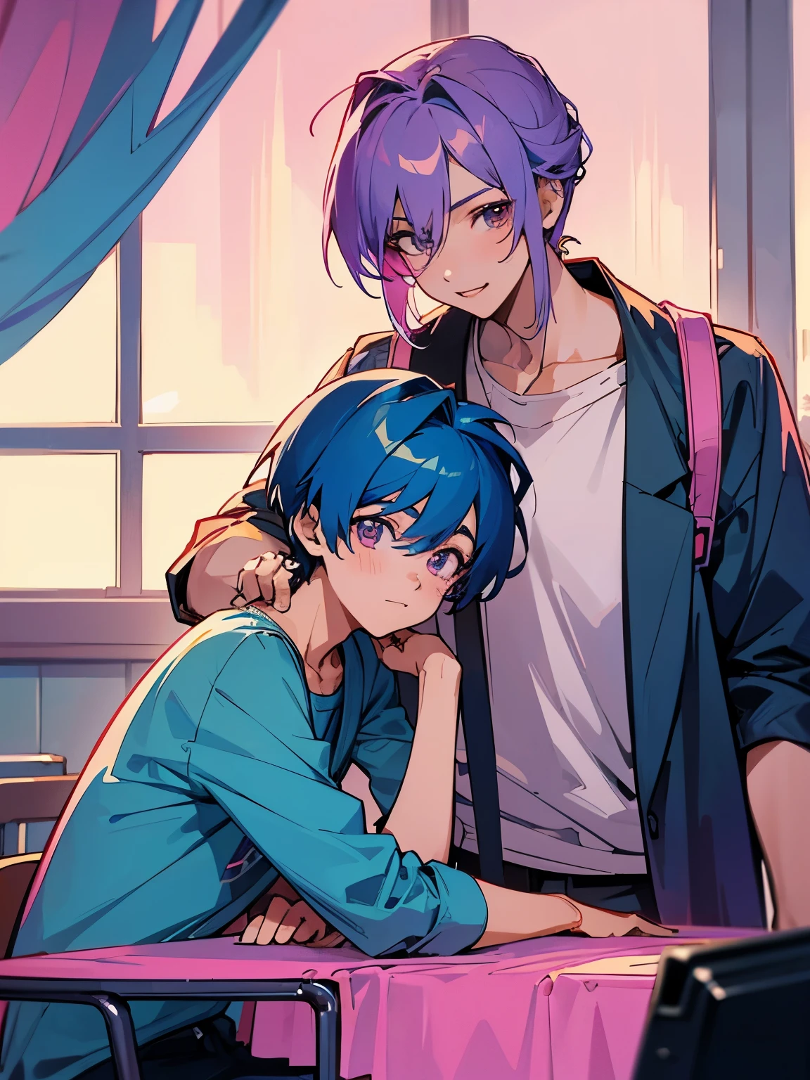 cartoon of two boys sitting at a table with a book and a backpack, ddlc, in the art style of 8 0 s anime, 9 0 s anime style, 90s anime style, in anime style, in an anime style, anime aesthetic, anime vibes, 9 0 s anime aesthetic, 9 0 s anime art style, lofi boy, typical anime classroom, beautiful background window, two cute boys, beautiful faces, two boys, don't extra hands, NO extra hands, generate two boys with NO extra hands, NO extra arm