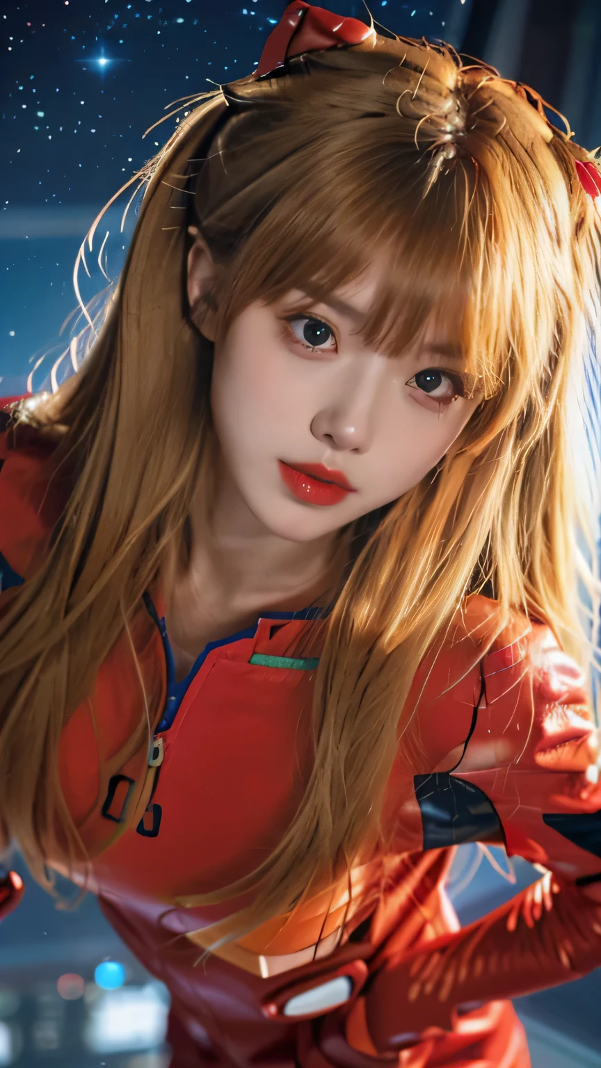 (top view),Dynamic angle,Super detailed, illustration, backlight，bust, direct, 1 girl, 
 ((Soryu Asuka Langley, interface headphone, red jumpsuit:1.4, Blonde)),Her eyes shone like fantastic stars,(glowing eyes:1.233),(Beautiful and delicate eyes:1.1),(Poker face,Keep your mouth shut),(permanent), 
(Mechanical room with tools and spaceship windows in white spaceship),
(night:1.2),fantastic, [[slender fingers and hands:0.55]::0.85],(Detail fingers),