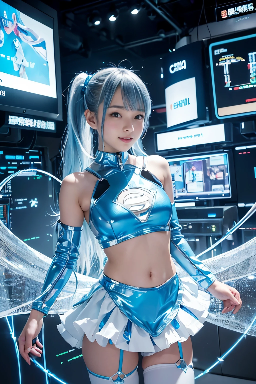 (highest quality ,High resolution,masterpiece:1.2), Super detailed, realistic:1.37, (perfect ???????), whole body,1 girl ,Cute and perfect 18 year old Japanese female idol heroine,(Heroine of Cyberspace:1.5),Full smile, beautiful eyes,, whole bodyっぽい, detailed facial features, fine hair, detailed costume, wonderful eyes, beautiful lip hair,light blue ponytail , (Details Light blue and white Akiba idol costume、She changes into a shiny, futuristic cyber nylon supergirl suit and frilly mini skirt that clings to her lustrous body.:1.4),precious stone,Tierra,bangle,Detailed connection lines, Wires and cables connecting to the head, cybernetics, cyber punk, intricate decorative details, The background is a cyberspace stage with detailed digital circuits and monitor screens..