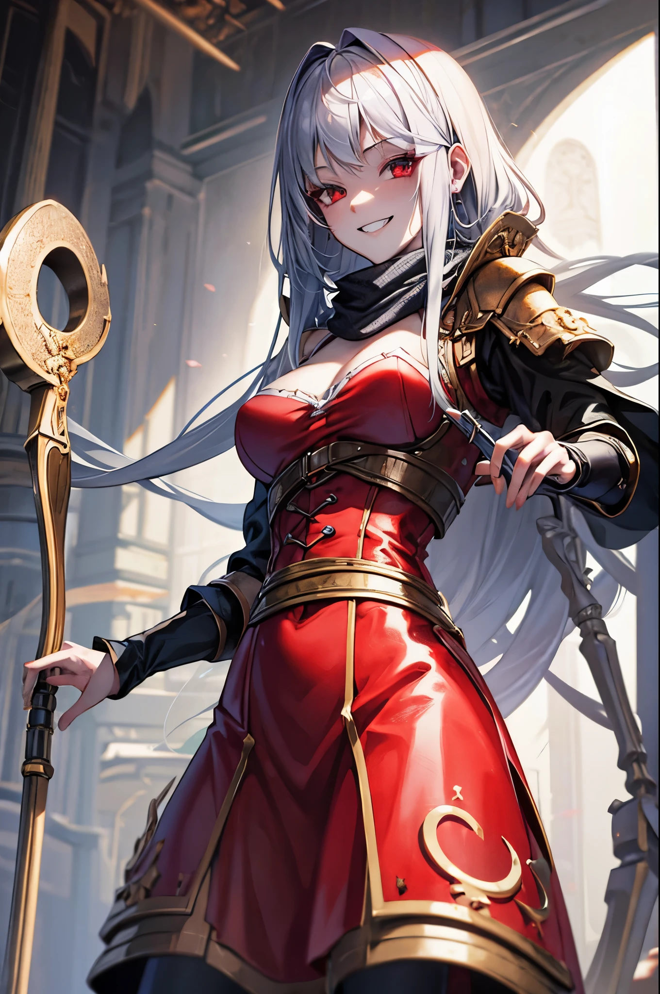 Bloody Doll, Advanced art style,works of masters,16K,HD,Scary smile,silver hair,noble,Mink scarf,crutch
