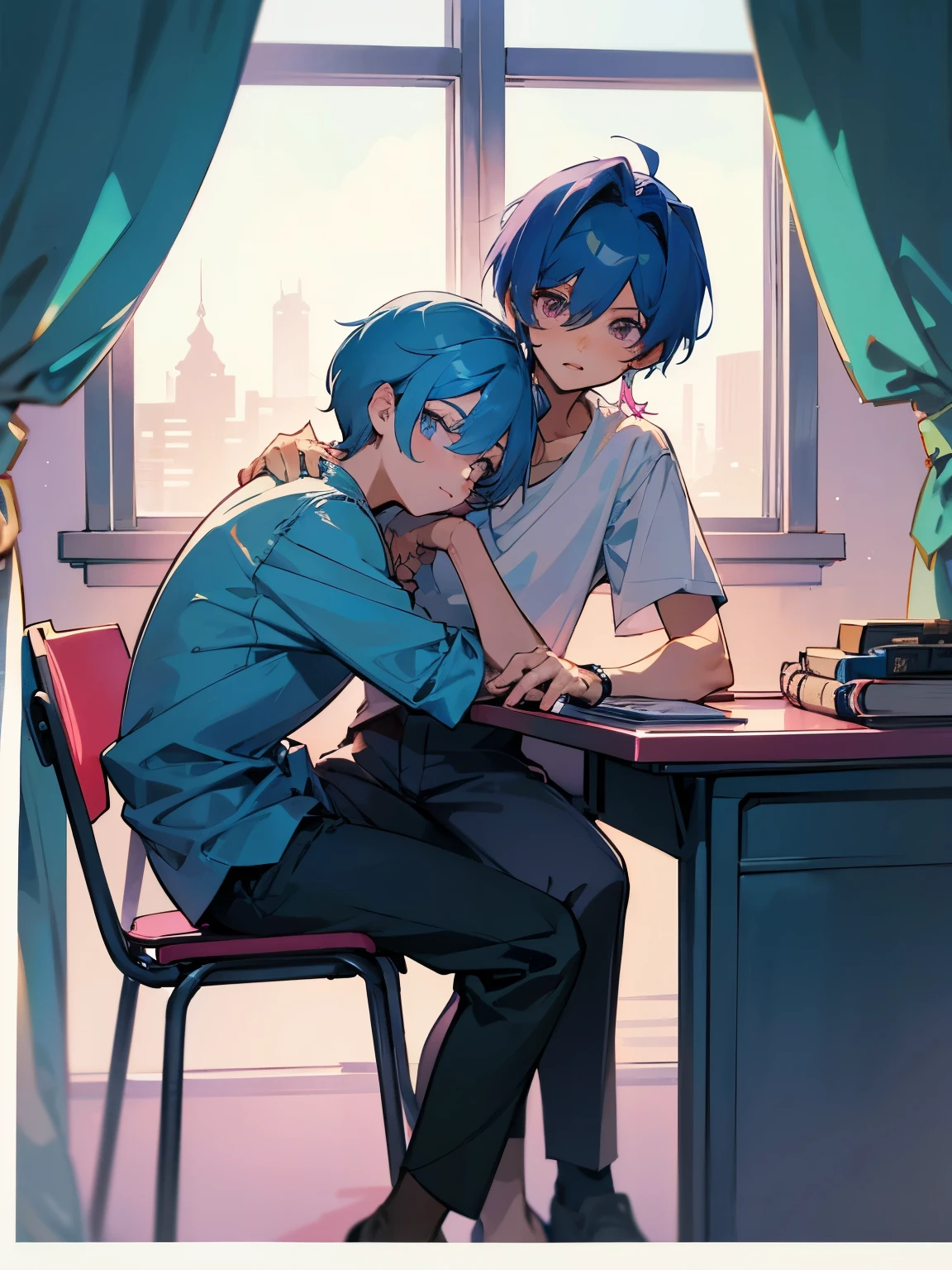 cartoon of two boys sitting at a table with a book and a backpack, ddlc, in the art style of 8 0 s anime, 9 0 s anime style, 90s anime style, in anime style, in an anime style, anime aesthetic, anime vibes, 9 0 s anime aesthetic, 9 0 s anime art style, lofi boy, typical anime classroom, beautiful background window, two cute boys, beautiful faces, two boys, don't extra hands, NO extra hands, generate two boys with NO extra hands, NO extra arm