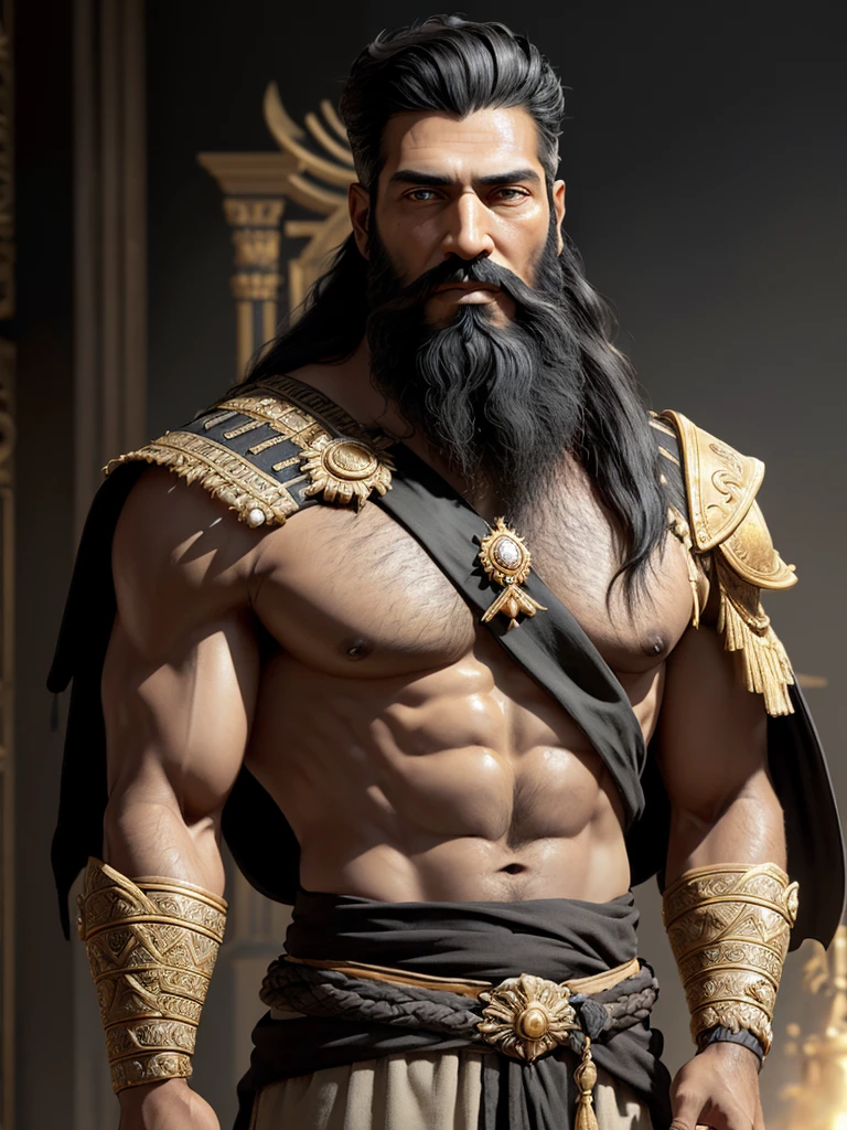 (masterpiece), (best quality),1boy,solo,black hair,(black beard) ,plenty of beard, (ancient man:1),Mesopotamian king,Arabian,(tanned skin),ancient luxurious long clothes, ancient golden crown,(looking at viewer:1.2),animation style render, 3D,full body, standing, (pixer style:1.1),(Bokeh) ,(clay) ,(sharp focus),(simple backgroud:1.5),