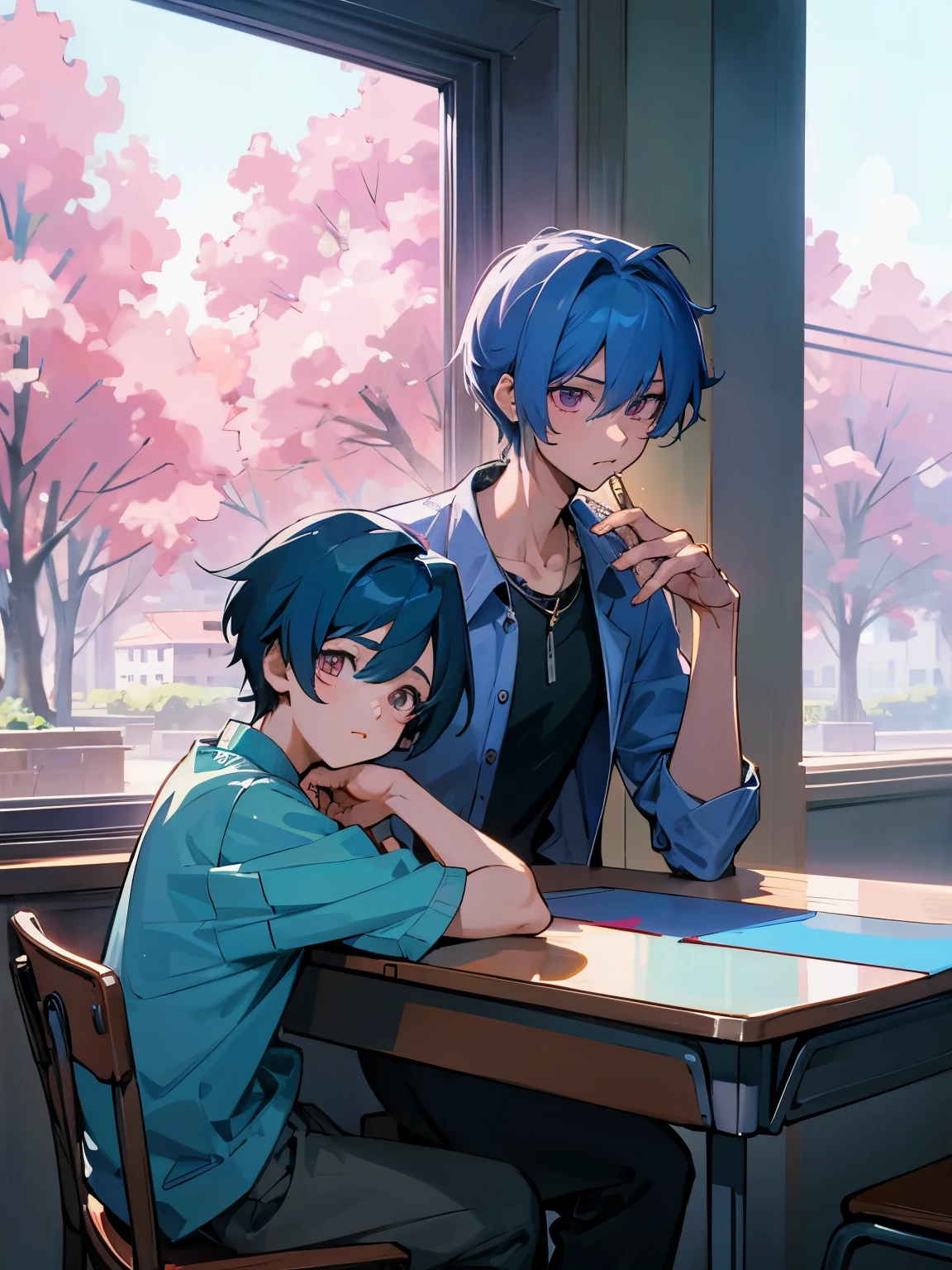 cartoon of two boys sitting at a table with a book and a backpack, ddlc, in the art style of 8 0 s anime, 9 0 s anime style, 90s anime style, in anime style, in an anime style, anime aesthetic, anime vibes, 9 0 s anime aesthetic, 9 0 s anime art style, lofi boy, typical anime classroom, beautiful background window, two cute boys, beautiful faces, two boys, don't extra hands, NO extra hands, generate two boys with NO extra hands, NO extra arm
