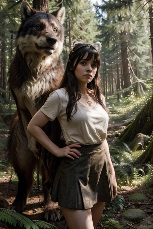 Make an image with actress "Zooey Deschanel", acting as "Princess Mononoke", in the movie "Princess Mononoke", produced as a live action movie. She is standing with feral clothes, skirt and shirt, inspired by the anime "Princess Mononoke" herion. She is standing next to a giant wolf in the foreground, and there is a forest with giant trees in the background. There is in the forst, a small bear who look "corrupted" and sick, with abscess, few skin parts missing burned or decaying, and a few dark-glued small tentacles emerging from his body.