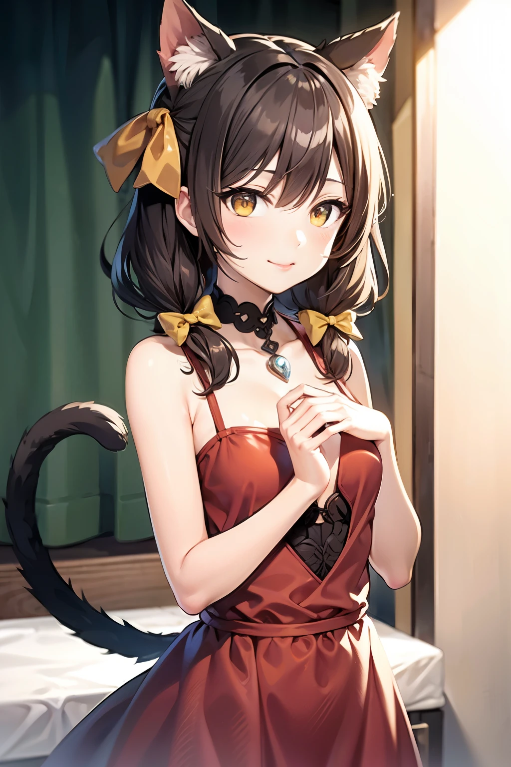 ((Best quality)), cat girl Julia from the visual novel "Everlasting Summer" red dress, amber eyes long dark brown hair one pigtail with a yellow bow hanging on her shoulder cat ears brown tail medium chest